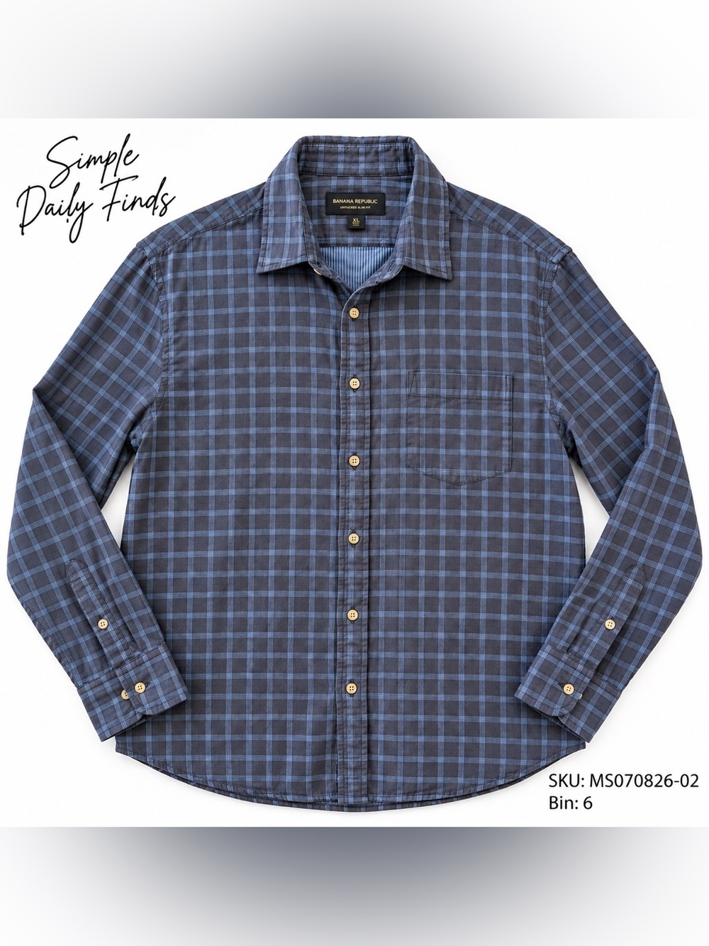 Banana Republic Men XL Untucked Slim Fit Blue Plaid 100% Cotton Shirt